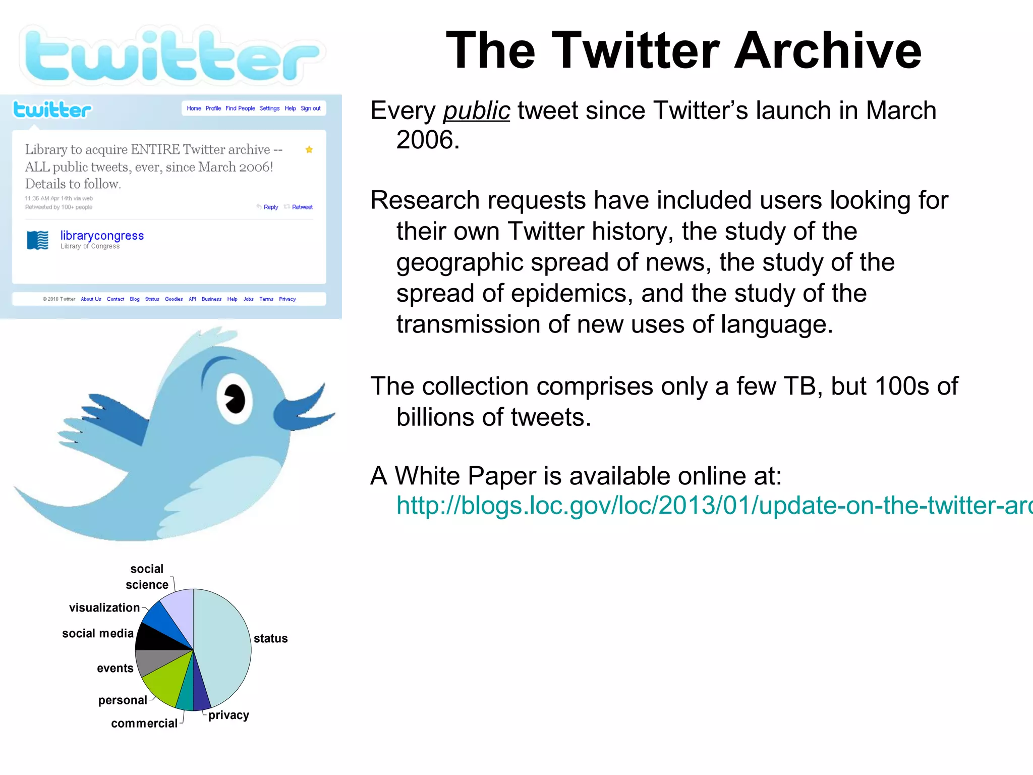 The Twitter Archive
Every public tweet since Twitter’s launch in March
2006.
Research requests have included users looking for
their own Twitter history, the study of the
geographic spread of news, the study of the
spread of epidemics, and the study of the
transmission of new uses of language.
The collection comprises only a few TB, but 100s of
billions of tweets.
A White Paper is available online at:
http://blogs.loc.gov/loc/2013/01/update-on-the-twitter-arc
status
privacy
commercial
personal
events
social media
visualization
social
science
 