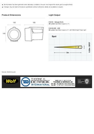 Product Dimensions Light Output
H-251A - Halogen Bulb
39 Lumen Spot Beam (approx. 4°)
H-251ALED - LED
60 Lumen Spot Beam (approx 4°) with Wide Angle Fringe Light
T: +44 (0) 114 255 1051 F: +44 (0) 114 255 7988
E: info@wolf-safety.co.uk www.wolf-safety.co.uk
Wolf Safety Lamp Company, Saxon Road Works, Sheffield, S8 0YA, UK
All information has been gathered under laboratory conditions, the user must regard the values given as approximate.
Changes may be made to the above specification without notification, details are available on request.
Version: SL002 Issue 6
 