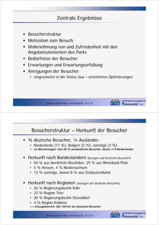 Zentrale Ergebnisse
Besucherstruktur
Motivation zum Besuch
Wahrnehmung von und Zufriedenheit mit den
Angebotselementen des Parks
Bedürfnisse der Besucher
Erwartungen und Erwartungserfüllung
Anregungen der Besucher
• eingearbeitet in die Status Quo – orientierten Optimierungen

Betriebsanalyse Adler- und Wolfspark, 14.11.07

5

Besucherstruktur – Herkunft der Besucher
¾ deutsche Besucher, ¼ Ausländer:
• Niederlande (17 %), Belgien (5 %), sonstige (3 %)
⇒ an Wochentagen: fast 50 % ausländische Besucher, davon 1/3 Niederländer

Herkunft nach Bundesländern

(bezogen auf deutsche Besucher)

• 50 % aus Nordrhein-Westfalen, 29 % aus Rheinland-Pfalz
• 5 % Hessen, 4 % Niedersachsen
• 12 % sonstige, davon 8 % aus Ostdeutschland

Herkunft nach Regionen
•
•
•
•

(bezogen auf deutsche Besucher)

26 % Regierungsbezirk Köln
23 % Region Trier
20 % Regierungsbezirk Düsseldorf
4 % Region Koblenz

=> Einzugsbereich 100-150 km für deutsche Besucher
6

Betriebsanalyse Adler- und Wolfspark, 14.11.07

 