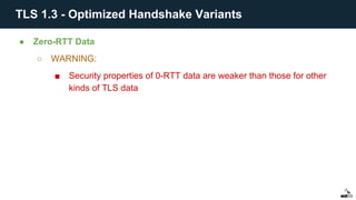 ● Zero-RTT Data
○ WARNING:
■ Security properties of 0-RTT data are weaker than those for other
kinds of TLS data
TLS 1.3 - Optimized Handshake Variants
 