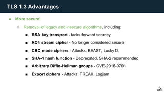 ● More secure!
○ Removal of legacy and insecure algorithms, including:
■ RSA key transport - lacks forward secrecy
■ RC4 stream cipher - No longer considered secure
■ CBC mode ciphers - Attacks: BEAST, Lucky13
■ SHA-1 hash function - Deprecated, SHA-2 recommended
■ Arbitrary Diffie-Hellman groups - CVE-2016-0701
■ Export ciphers - Attacks: FREAK, Logjam
TLS 1.3 Advantages
 