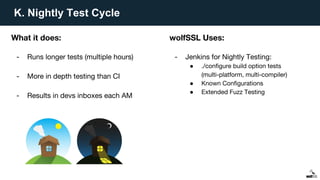 K. Nightly Test Cycle
What it does:
- Runs longer tests (multiple hours)
- More in depth testing than CI
- Results in devs inboxes each AM
wolfSSL Uses:
- Jenkins for Nightly Testing:
● ./configure build option tests
(multi-platform, multi-compiler)
● Known Configurations
● Extended Fuzz Testing
 