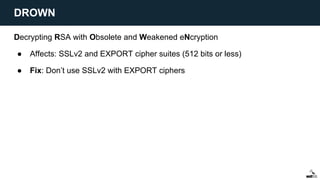 Decrypting RSA with Obsolete and Weakened eNcryption
● Affects: SSLv2 and EXPORT cipher suites (512 bits or less)
● Fix: Don’t use SSLv2 with EXPORT ciphers
DROWN
 