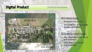 ArcGIS Online Parking App
Wolfville Aerial
AGOL Basemap
 2012 Aerial Image
 Resolution of 25 cms
 Uploaded in a tile package
created in ArcMap
 Occupancy Count Layers
 One Weekdays, Saturdays
and Sundays
 Uploaded in a feature
layer package
 