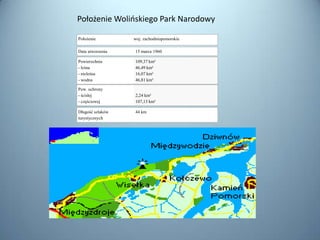 Położenie Wolioskiego Park Narodowy

Położenie         woj. zachodniopomorskie

Data utworzenia   15 marca 1960

Powierzchnia      109,37 km²
- leśna           46,49 km²
- nieleśna        16,07 km²
- wodna           46,81 km²

Pow. ochrony
- ścisłej         2,24 km²
- częściowej      107,13 km²

Długość szlaków   44 km
turystycznych
 