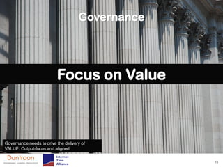 Governance




                          Focus on Value



Governance needs to drive the delivery of
VALUE. Output-focus and aligned.


                                                  19
 