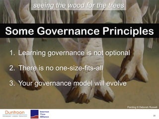 seeing the wood for the trees


Some Governance Principles
1. Learning governance is not optional

2. There is no one-size-fits-all

3. Your governance model will evolve


                                        Painting © Deborah Russell


                                                              26
 