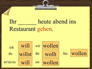 will will wollen wollt wollen wir du er/sie/es ich ihr sie wollen Sie Ihr ______ heute abend ins Restaurant  gehen .  willst 