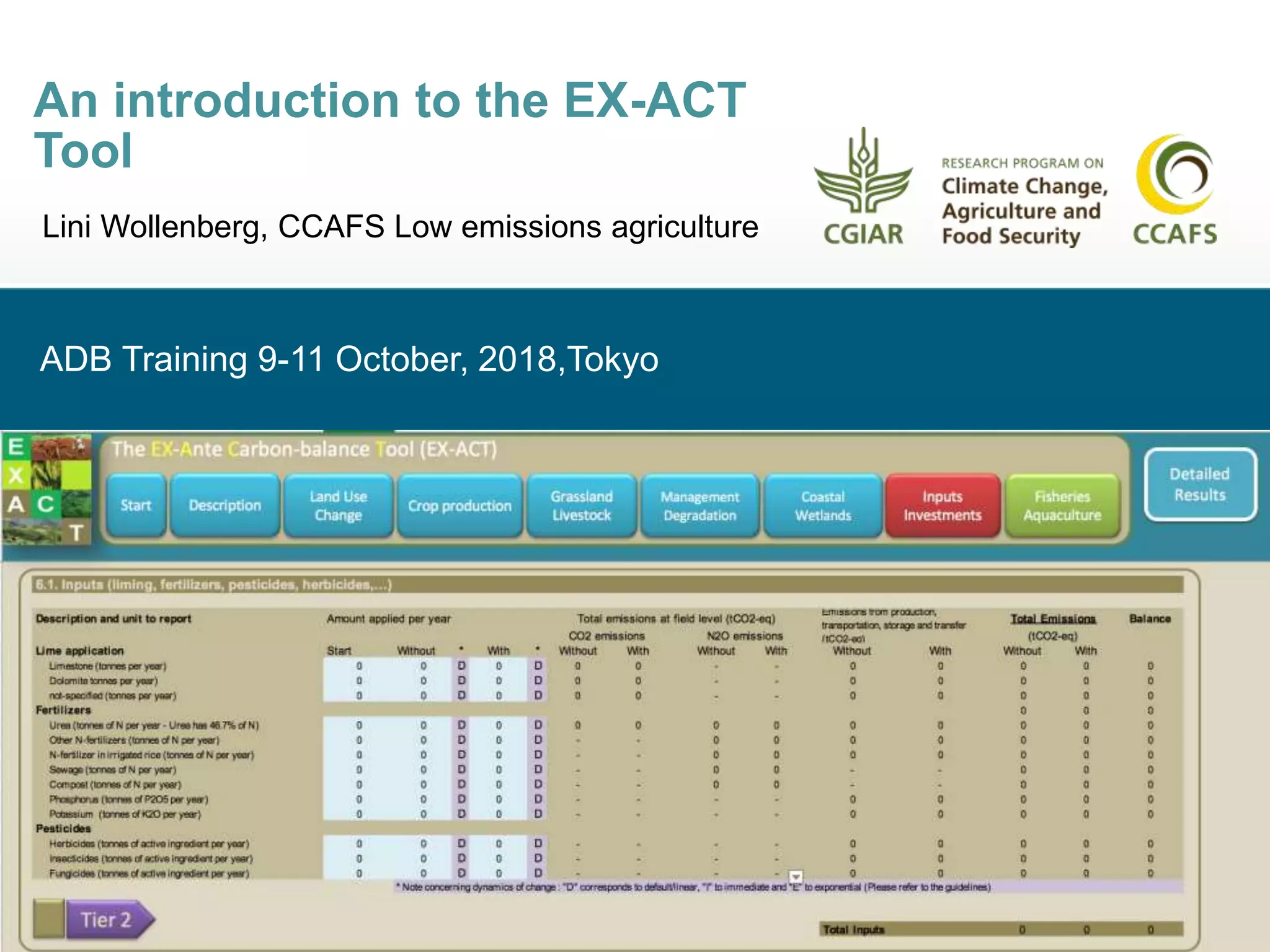 ADB Training 9-11 October, 2018,Tokyo
An introduction to the EX-ACT
Tool
Lini Wollenberg, CCAFS Low emissions agriculture
 
