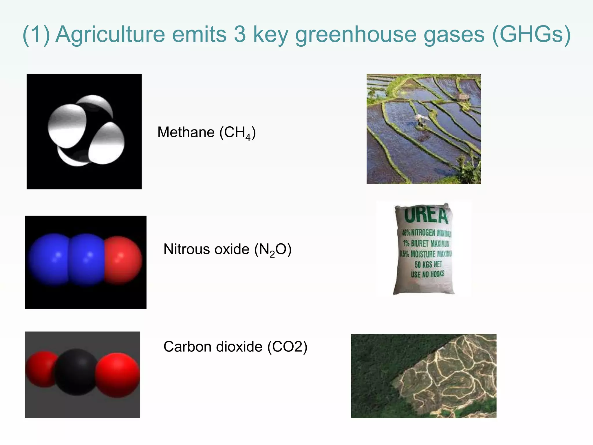 (1) Agriculture emits 3 key greenhouse gases (GHGs)
Methane (CH4)
Nitrous oxide (N2O)
Carbon dioxide (CO2)
 