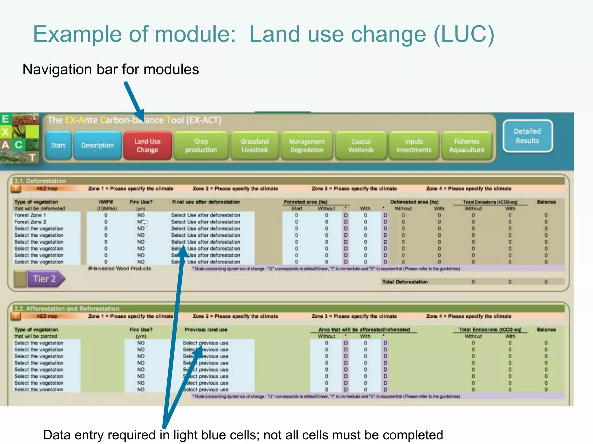 Example of module: Land use change (LUC)
Navigation bar for modules
Data entry required in light blue cells; not all cells must be completed
 