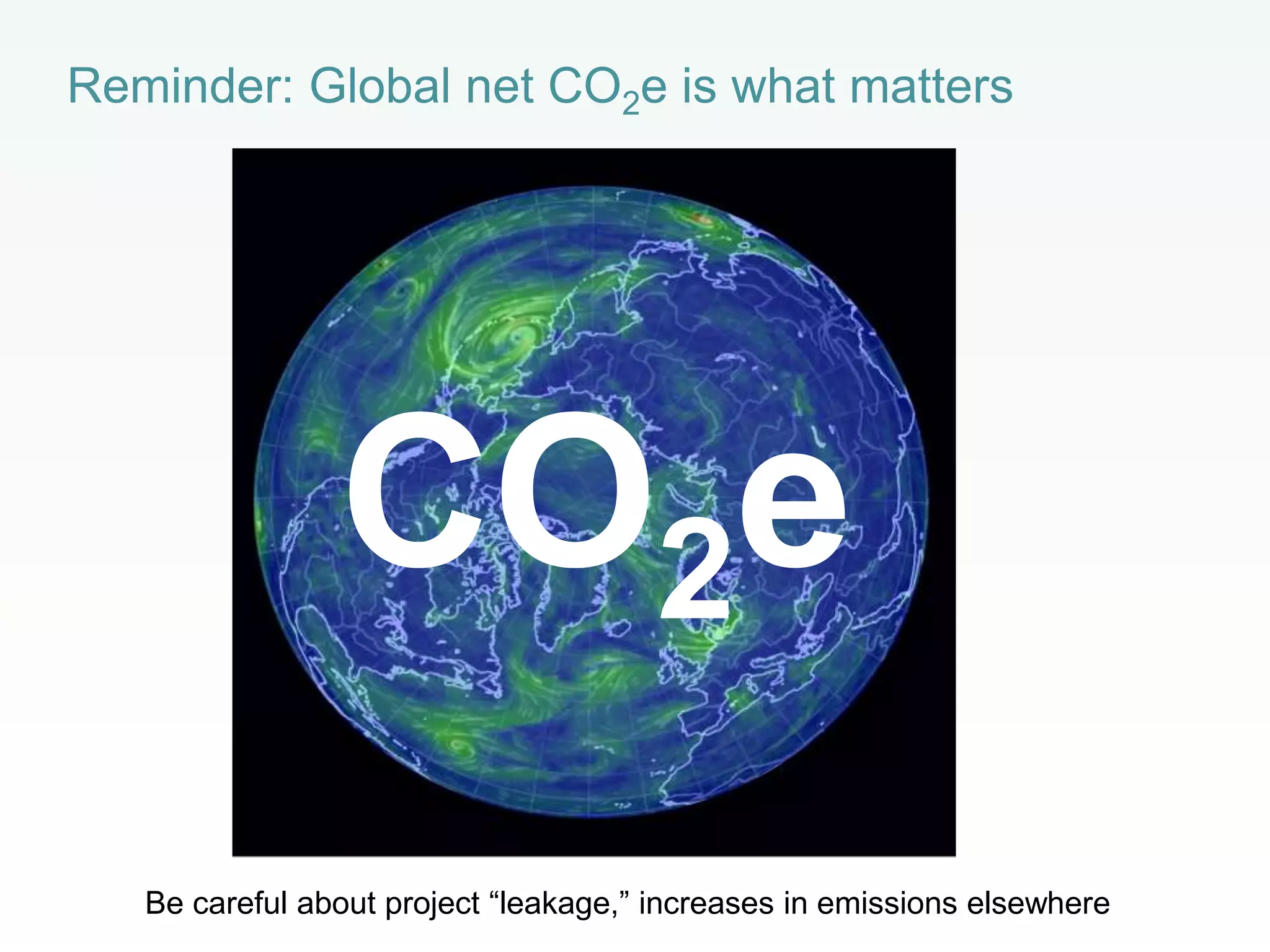 CO2e
Reminder: Global net CO2e is what matters
Be careful about project “leakage,” increases in emissions elsewhere
 