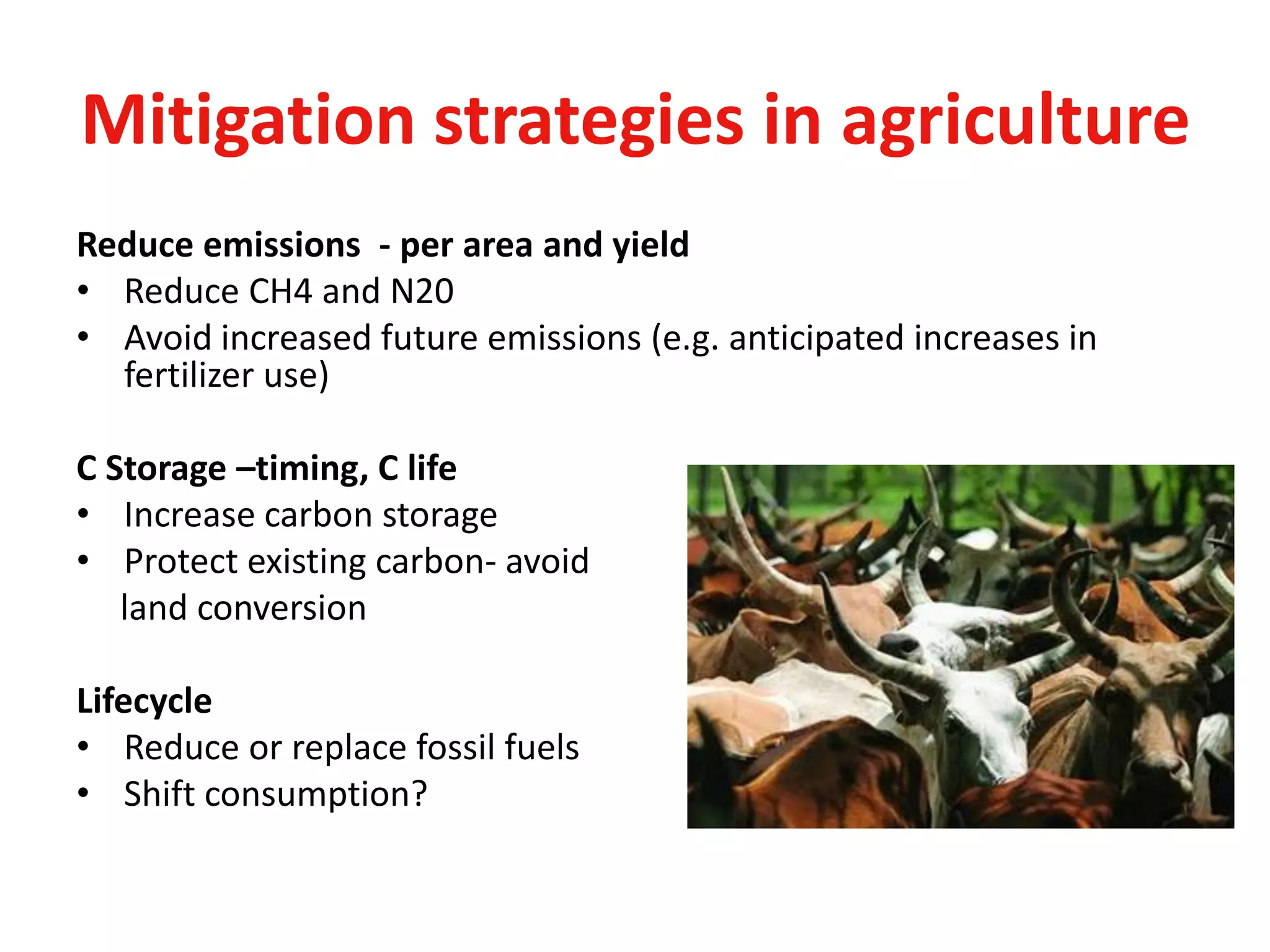 Mitigation strategies in agriculture
Reduce emissions - per area and yield
• Reduce CH4 and N20
• Avoid increased future emissions (e.g. anticipated increases in
  fertilizer use)

C Storage –timing, C life
• Increase carbon storage
• Protect existing carbon- avoid
   land conversion

Lifecycle
• Reduce or replace fossil fuels
• Shift consumption?
 