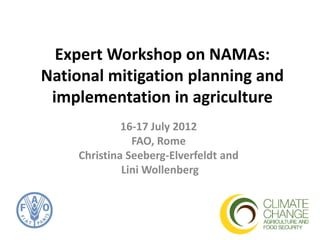 Expert Workshop on NAMAs:
National mitigation planning and
 implementation in agriculture
             16-17 July 2012
               FAO, Rome
    Christina Seeberg-Elverfeldt and
             Lini Wollenberg
 