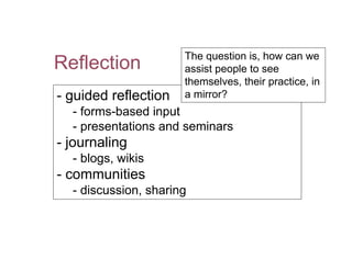 The question is, how can we
Reflection            assist people to see
                      themselves, their practice, in
- guided reflection   a mirror?
  - forms-based input
  - presentations and seminars
- journaling
  - blogs, wikis
- communities
  - discussion, sharing
 