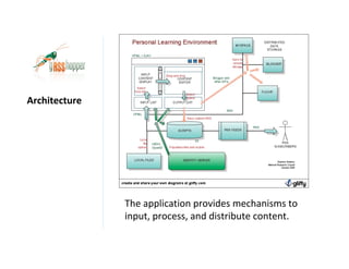 Architecture




               The application provides mechanisms to
               input, process, and distribute content.
 
