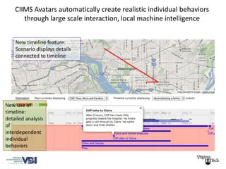 CIIMS Avatars automatically create realistic individual behaviors
       through large scale interaction, local machine intelligence


    New timeline feature:
    Scenario displays details
    connected to timeline




New use of
timeline:
detailed analysis
of
interdependent
individual
behaviors
 
