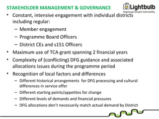 STAKEHOLDER MANAGEMENT & GOVERNANCE
• Constant, intensive engagement with individual districts
including regular:
– Member engagement
– Programme Board Officers
– District CEs and s151 Officers
• Maximum use of TCA grant spanning 2 financial years
• Complexity of (conflicting) DFG guidance and associated
allocations issues during the programme period
• Recognition of local factors and differences
– Different historical arrangements for DFG processing and cultural
differences in service offer
– Different starting points/appetites for change
– Different levels of demands and financial pressures
– DFG allocations don’t necessarily match actual demand by District
 