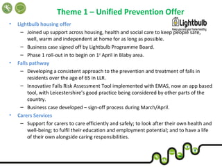 Theme 1 – Unified Prevention Offer
• Lightbulb housing offer
– Joined up support across housing, health and social care to keep people safe,
well, warm and independent at home for as long as possible.
– Business case signed off by Lightbulb Programme Board.
– Phase 1 roll-out in to begin on 1st
April in Blaby area.
• Falls pathway
– Developing a consistent approach to the prevention and treatment of falls in
residents over the age of 65 in LLR.
– Innovative Falls Risk Assessment Tool implemented with EMAS, now an app based
tool, with Leicestershire’s good practice being considered by other parts of the
country.
– Business case developed – sign-off process during March/April.
• Carers Services
– Support for carers to care efficiently and safely; to look after their own health and
well-being; to fulfil their education and employment potential; and to have a life
of their own alongside caring responsibilities.
 