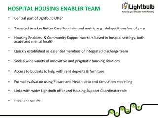 HOSPITAL HOUSING ENABLER TEAM
• Central part of Lightbulb Offer
• Targeted to a key Better Care Fund aim and metric e.g. delayed transfers of care
• Housing Enablers & Community Support workers based in hospital settings, both
acute and mental health
• Quickly established as essential members of integrated discharge team
• Seek a wide variety of innovative and pragmatic housing solutions
• Access to budgets to help with rent deposits & furniture
• Formal evaluation using PI care and Health data and simulation modelling
• Links with wider Lightbulb offer and Housing Support Coordinator role
• Excellent results!
 