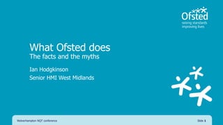 What Ofsted does
The facts and the myths
Ian Hodgkinson
Senior HMI West Midlands
Wolverhampton NQT conference Slide 1
 