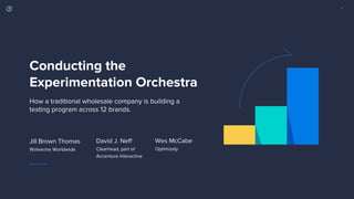1
Conducting the
Experimentation Orchestra
Jill Brown Thomas
Wolverine Worldwide
David J. Neff
Clearhead, part of
Accenture Interactive
How a traditional wholesale company is building a
testing program across 12 brands.
Wes McCabe
Optimizely
 