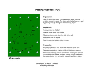 Developed by Kevin Thelwell
Academy Manager
Passing / Control (TP34)
Organisation
Split the group into pairs. One player r...