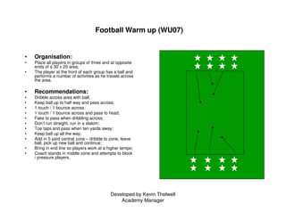 Developed by Kevin Thelwell
Academy Manager
Football Warm up (WU07)
• Organisation:
• Place all players in groups of three...