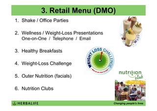 3. Retail Menu (DMO)
1. Shake / Office Parties

2. Wellness / Weight-Loss Presentations
   One-on-One / Telephone / Email

3. Healthy Breakfasts

4. Weight-Loss Challenge

5. Outer Nutrition (facials)

6. Nutrition Clubs

                                          Changing people’s lives
 