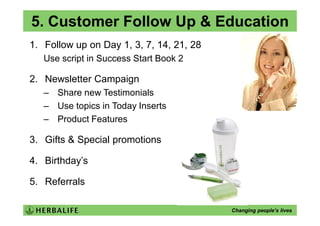 5. Customer Follow Up & Education
1. Follow up on Day 1, 3, 7, 14, 21, 28
   Use script in Success Start Book 2

2. Newsletter Campaign
   – Share new Testimonials
   – Use topics in Today Inserts
   – Product Features

3. Gifts & Special promotions

4. Birthday’s

5. Referrals

                                          Changing people’s lives
 