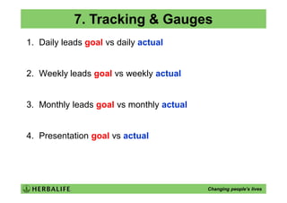 7. Tracking & Gauges
1. Daily leads goal vs daily actual


2. Weekly leads goal vs weekly actual


3. Monthly leads goal vs monthly actual


4. Presentation goal vs actual




                                          Changing people’s lives
 