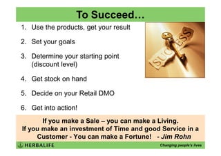 To Succeed…
1. Use the products, get your result

2. Set your goals

3. Determine your starting point
   (discount level)

4. Get stock on hand

5. Decide on your Retail DMO

6. Get into action!
       If you make a Sale – you can make a Living.
If you make an investment of Time and good Service in a
     Customer - You can make a Fortune! - Jim Rohn
                                          Changing people’s lives
 