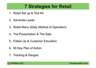 7 Strategies for Retail
1. Retail Set up & Tool Kit

2. Generate Leads

3. Retail Menu (Daily Method of Operation)

4. The Presentation & The Sale

5. Follow Up & Customer Education

6. 90 Day Plan of Action

7. Tracking & Gauges

                                             Changing people’s lives
 
