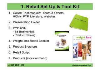 1. Retail Set Up & Tool Kit
1. Collect Testimonials: Yours & Others
   HOM’s, PYP, Literature, Websites

2. Presentation Folder
3. PYP DVD
   - 58 Testimonials
   - Product Training

4. Weight-loss Retail Booklet
5. Product Brochure
6. Retail Script
7. Products (stock on hand)

                                          Changing people’s lives
 