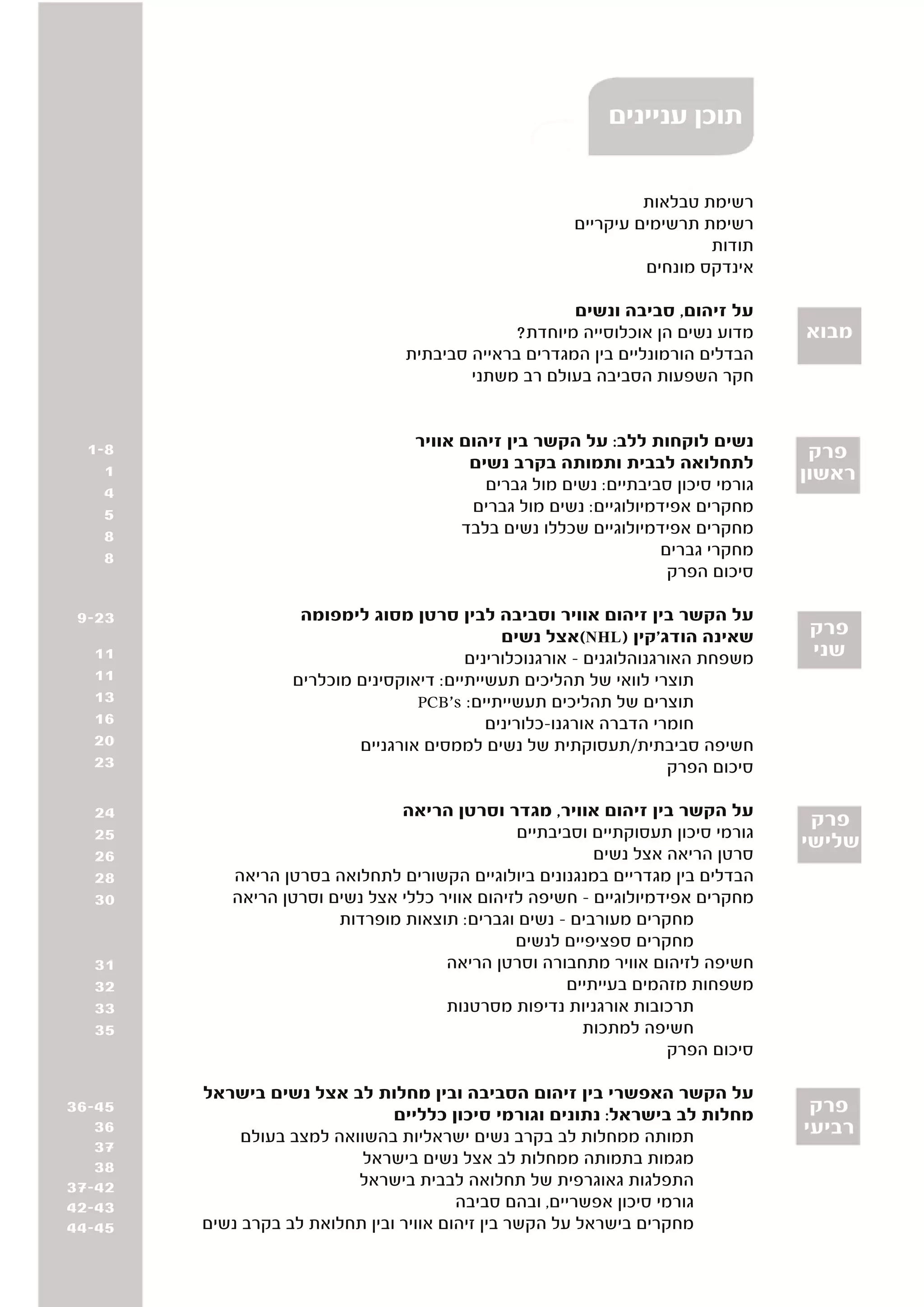 ‫תוכן עניינים‬

                                                                 ‫רשימת טבלאות‬
                                                        ‫רשימת תרשימים עיקריים‬
                                                                         ‫תודות‬
                                                                 ‫אינדקס מונחים‬

                                                      ‫על זיהום, סביבה ונשים‬
                                              ‫מדוע נשים הן אוכלוסייה מיוחדת?‬       ‫מבוא‬
                                 ‫הבדלים הורמונליים בין המגדרים בראייה סביבתית‬
                                         ‫חקר השפעות הסביבה בעולם רב משתני‬


  ‫8-1‬                              ‫נשים לוקחות ללב: על הקשר בין זיהום אוויר‬
                                          ‫לתחלואה לבבית ותמותה בקרב נשים‬
                                                                                    ‫פרק‬
    ‫1‬                                                                              ‫ראשון‬
    ‫4‬                                       ‫גורמי סיכון סביבתיים: נשים מול גברים‬
    ‫5‬                                     ‫מחקרים אפידמיולוגיים: נשים מול גברים‬
    ‫8‬                                    ‫מחקרים אפידמיולוגיים שכללו נשים בלבד‬
    ‫8‬                                                              ‫מחקרי גברים‬
                                                                    ‫סיכום הפרק‬

 ‫32-9‬               ‫על הקשר בין זיהום אוויר וסביבה לבין סרטן מסוג לימפומה‬
                                               ‫שאינה הודג'קין )‪(NHL‬אצל נשים‬        ‫פרק‬
  ‫11‬                                      ‫משפחת האורגנוהלוגנים – אורגנוכלורינים‬    ‫שני‬
  ‫11‬               ‫תוצרי לוואי של תהליכים תעשייתיים: דיאוקסינים מוכלרים‬
  ‫31‬                               ‫תוצרים של תהליכים תעשייתיים: ‪PCB's‬‬
  ‫61‬                                         ‫חומרי הדברה אורגנו-כלורינים‬
  ‫02‬                       ‫חשיפה סביבתית/תעסוקתית של נשים לממסים אורגניים‬
  ‫32‬                                                                  ‫סיכום הפרק‬

  ‫42‬                            ‫על הקשר בין זיהום אוויר, מגדר וסרטן הריאה‬
                                                                                    ‫פרק‬
  ‫52‬                                            ‫גורמי סיכון תעסוקתיים וסביבתיים‬
                                                                                   ‫שלישי‬
  ‫62‬                                                      ‫סרטן הריאה אצל נשים‬
  ‫82‬       ‫הבדלים בין מגדריים במנגנונים ביולוגיים הקשורים לתחלואה בסרטן הריאה‬
  ‫03‬       ‫מחקרים אפידמיולוגיים – חשיפה לזיהום אוויר כללי אצל נשים וסרטן הריאה‬
                        ‫מחקרים מעורבים – נשים וגברים: תוצאות מופרדות‬
                                                ‫מחקרים ספציפיים לנשים‬
  ‫13‬                                  ‫חשיפה לזיהום אוויר מתחבורה וסרטן הריאה‬
  ‫23‬                                                  ‫משפחות מזהמים בעייתיים‬
  ‫33‬                                  ‫תרכובות אורגניות נדיפות מסרטנות‬
  ‫53‬                                                    ‫חשיפה למתכות‬
                                                                    ‫סיכום הפרק‬

        ‫על הקשר האפשרי בין זיהום הסביבה ובין מחלות לב אצל נשים בישראל‬
‫54-63‬                           ‫מחלות לב בישראל: נתונים וגורמי סיכון כלליים‬         ‫פרק‬
   ‫63‬
             ‫תמותה ממחלות לב בקרב נשים ישראליות בהשוואה למצב בעולם‬                 ‫רביעי‬
   ‫73‬
   ‫83‬                       ‫מגמות בתמותה ממחלות לב אצל נשים בישראל‬
‫24-73‬                      ‫התפלגות גאוגרפית של תחלואה לבבית בישראל‬
‫34-24‬                                    ‫גורמי סיכון אפשריים, ובהם סביבה‬
‫54-44‬   ‫מחקרים בישראל על הקשר בין זיהום אוויר ובין תחלואת לב בקרב נשים‬
 