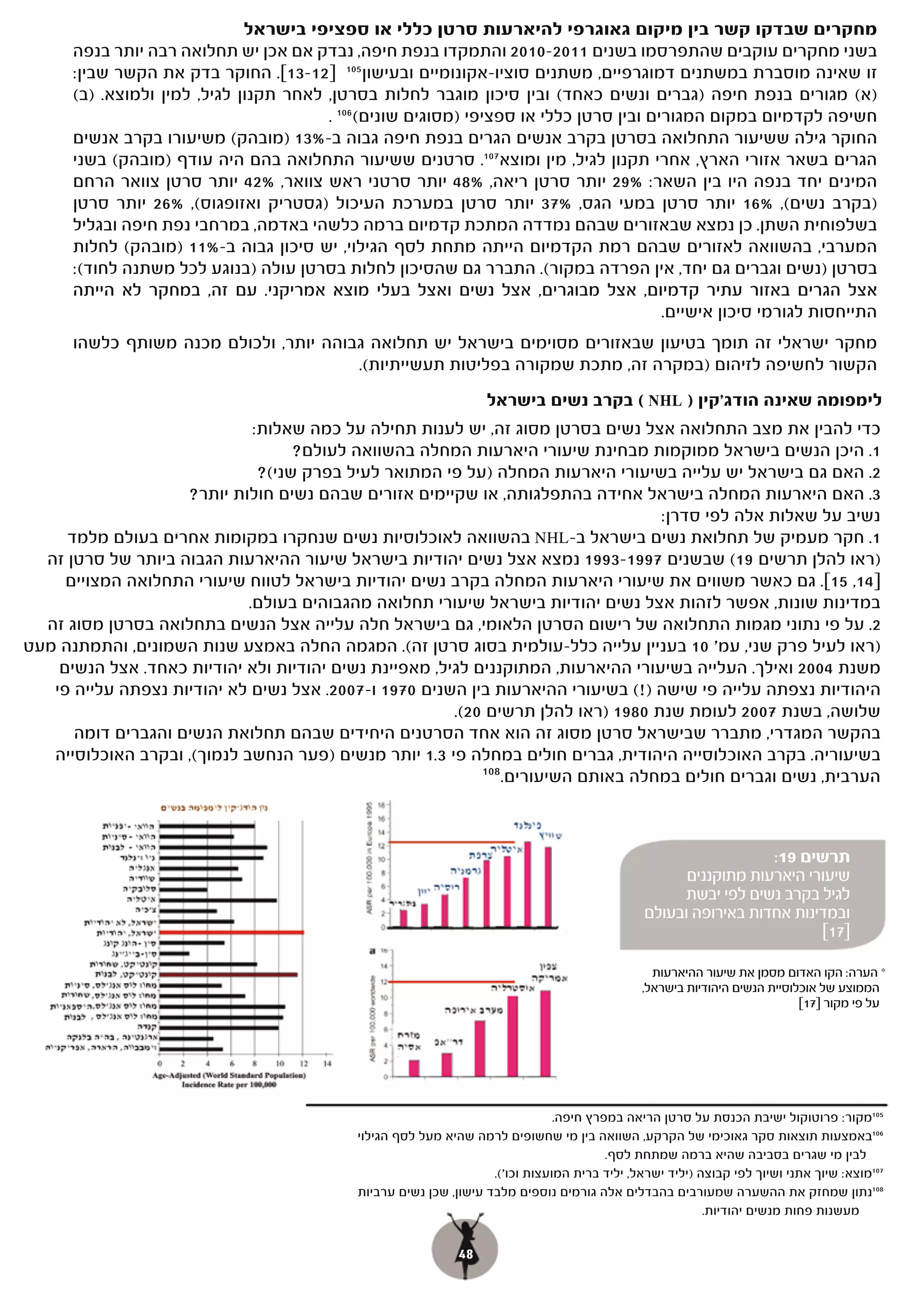 ‫מחקרים שבדקו קשר בין מיקום גאוגרפי להיארעות סרטן כללי או ספציפי בישראל‬
      ‫בשני מחקרים עוקבים שהתפרסמו בשנים 1102-0102 והתמקדו בנפת חיפה, נבדק אם אכן יש תחלואה רבה יותר בנפה‬
      ‫זו שאינה מוסברת במשתנים דמוגרפיים, משתנים סוציו-אקונומיים ובעישון 501 ]21-31[. החוקר בדק את הקשר שבין:‬
      ‫)א( מגורים בנפת חיפה )גברים ונשים כאחד( ובין סיכון מוגבר לחלות בסרטן, לאחר תקנון לגיל, למין ולמוצא. )ב(‬
                                        ‫חשיפה לקדמיום במקום המגורים ובין סרטן כללי או ספציפי )מסוגים שונים( 601 .‬
      ‫החוקר גילה ששיעור התחלואה בסרטן בקרב אנשים הגרים בנפת חיפה גבוה ב-%31 )מובהק( משיעורו בקרב אנשים‬
      ‫הגרים בשאר אזורי הארץ, אחרי תקנון לגיל, מין ומוצא 701. סרטנים ששיעור התחלואה בהם היה עודף )מובהק( בשני‬
      ‫המינים יחד בנפה היו בין השאר: %92 יותר סרטן ריאה, %84 יותר סרטני ראש צוואר, %24 יותר סרטן צוואר הרחם‬
      ‫)בקרב נשים(, %61 יותר סרטן במעי הגס, %73 יותר סרטן במערכת העיכול )גסטריק ואזופגוס(, %62 יותר סרטן‬
      ‫בשלפוחית השתן. כן נמצא שבאזורים שבהם נמדדה המתכת קדמיום ברמה כלשהי באדמה, במרחבי נפת חיפה ובגליל‬
      ‫המערבי, בהשוואה לאזורים שבהם רמת הקדמיום הייתה מתחת לסף הגילוי, יש סיכון גבוה ב-%11 )מובהק( לחלות‬
      ‫בסרטן )נשים וגברים גם יחד, אין הפרדה במקור(. התברר גם שהסיכון לחלות בסרטן עולה )בנוגע לכל משתנה לחוד(:‬
      ‫אצל הגרים באזור עתיר קדמיום, אצל מבוגרים, אצל נשים ואצל בעלי מוצא אמריקני. עם זה, במחקר לא הייתה‬
                                                                                        ‫התייחסות לגורמי סיכון אישיים.‬
      ‫מחקר ישראלי זה תומך בטיעון שבאזורים מסוימים בישראל יש תחלואה גבוהה יותר, ולכולם מכנה משותף כלשהו‬
                                        ‫הקשור לחשיפה לזיהום )במקרה זה, מתכת שמקורה בפליטות תעשייתיות(.‬
                                                                    ‫לימפומה שאינה הודג'קין ) ‪ ( NHL‬בקרב נשים בישראל‬
                              ‫כדי להבין את מצב התחלואה אצל נשים בסרטן מסוג זה, יש לענות תחילה על כמה שאלות:‬
                                    ‫1. היכן הנשים בישראל ממוקמות מבחינת שיעורי היארעות המחלה בהשוואה לעולם?‬
                               ‫2. האם גם בישראל יש עלייה בשיעורי היארעות המחלה )על פי המתואר לעיל בפרק שני(?‬
                    ‫3. האם היארעות המחלה בישראל אחידה בהתפלגותה, או שקיימים אזורים שבהם נשים חולות יותר?‬
                                                                                   ‫נשיב על שאלות אלה לפי סדרן:‬
     ‫1. חקר מעמיק של תחלואת נשים בישראל ב-‪ NHL‬בהשוואה לאוכלוסיות נשים שנחקרו במקומות אחרים בעולם מלמד‬
  ‫)ראו להלן תרשים 91( שבשנים 7991-3991 נמצא אצל נשים יהודיות בישראל שיעור ההיארעות הגבוה ביותר של סרטן זה‬
     ‫]41, 51[. גם כאשר משווים את שיעורי היארעות המחלה בקרב נשים יהודיות בישראל לטווח שיעורי התחלואה המצויים‬
                             ‫במדינות שונות, אפשר לזהות אצל נשים יהודיות בישראל שיעורי תחלואה מהגבוהים בעולם.‬
  ‫2. על פי נתוני מגמות התחלואה של רישום הסרטן הלאומי, גם בישראל חלה עלייה אצל הנשים בתחלואה בסרטן מסוג זה‬
‫)ראו לעיל פרק שני, עמ' 01 בעניין עלייה כלל-עולמית בסוג סרטן זה(. המגמה החלה באמצע שנות השמונים, והתמתנה מעט‬
    ‫משנת 4002 ואילך. העלייה בשיעורי ההיארעות, המתוקננים לגיל, מאפיינת נשים יהודיות ולא יהודיות כאחד. אצל הנשים‬
   ‫היהודיות נצפתה עלייה פי שישה )!( בשיעורי ההיארעות בין השנים 0791 ו-7002. אצל נשים לא יהודיות נצפתה עלייה פי‬
                                                        ‫שלושה, בשנת 7002 לעומת שנת 0891 )ראו להלן תרשים 02(.‬
      ‫בהקשר המגדרי, מתברר שבישראל סרטן מסוג זה הוא אחד הסרטנים היחידים שבהם תחלואת הנשים והגברים דומה‬
   ‫בשיעוריה. בקרב האוכלוסייה היהודית, גברים חולים במחלה פי 3.1 יותר מנשים )פער הנחשב לנמוך(, ובקרב האוכלוסייה‬
                                                            ‫801‬
                                                                ‫הערבית, נשים וגברים חולים במחלה באותם השיעורים.‬



                                                                                                                   ‫תרשים 91:‬
                                                                                                       ‫שיעורי היארעות מתוקננים‬
                                                                                                      ‫לגיל בקרב נשים לפי יבשת‬
                                                                                                 ‫ובמדינות אחדות באירופה ובעולם‬
                                                                                                                          ‫]71[‬

                                                                                                  ‫* הערה: הקו האדום מסמן את שיעור ההיארעות‬
                                                                                                ‫הממוצע של אוכלוסיית הנשים היהודיות בישראל,‬
                                                                                                                             ‫על פי מקור ]71[‬




                                                                                 ‫501מקור: פרוטוקול ישיבת הכנסת על סרטן הריאה במפרץ חיפה.‬
                                             ‫601באמצעות תוצאות סקר גאוכימי של הקרקע, השוואה בין מי שחשופים לרמה שהיא מעל לסף הגילוי‬
                                                                                          ‫לבין מי שגרים בסביבה שהיא ברמה שמתחת לסף.‬
                                                                     ‫701מוצא: שיוך אתני ושיוך לפי קבוצה )יליד ישראל, יליד ברית המועצות וכו'(.‬
                                             ‫801נתון שמחזק את ההשערה שמעורבים בהבדלים אלה גורמים נוספים מלבד עישון, שכן נשים ערביות‬
                                                                                                            ‫מעשנות פחות מנשים יהודיות.‬


                                                               ‫84‬
 
