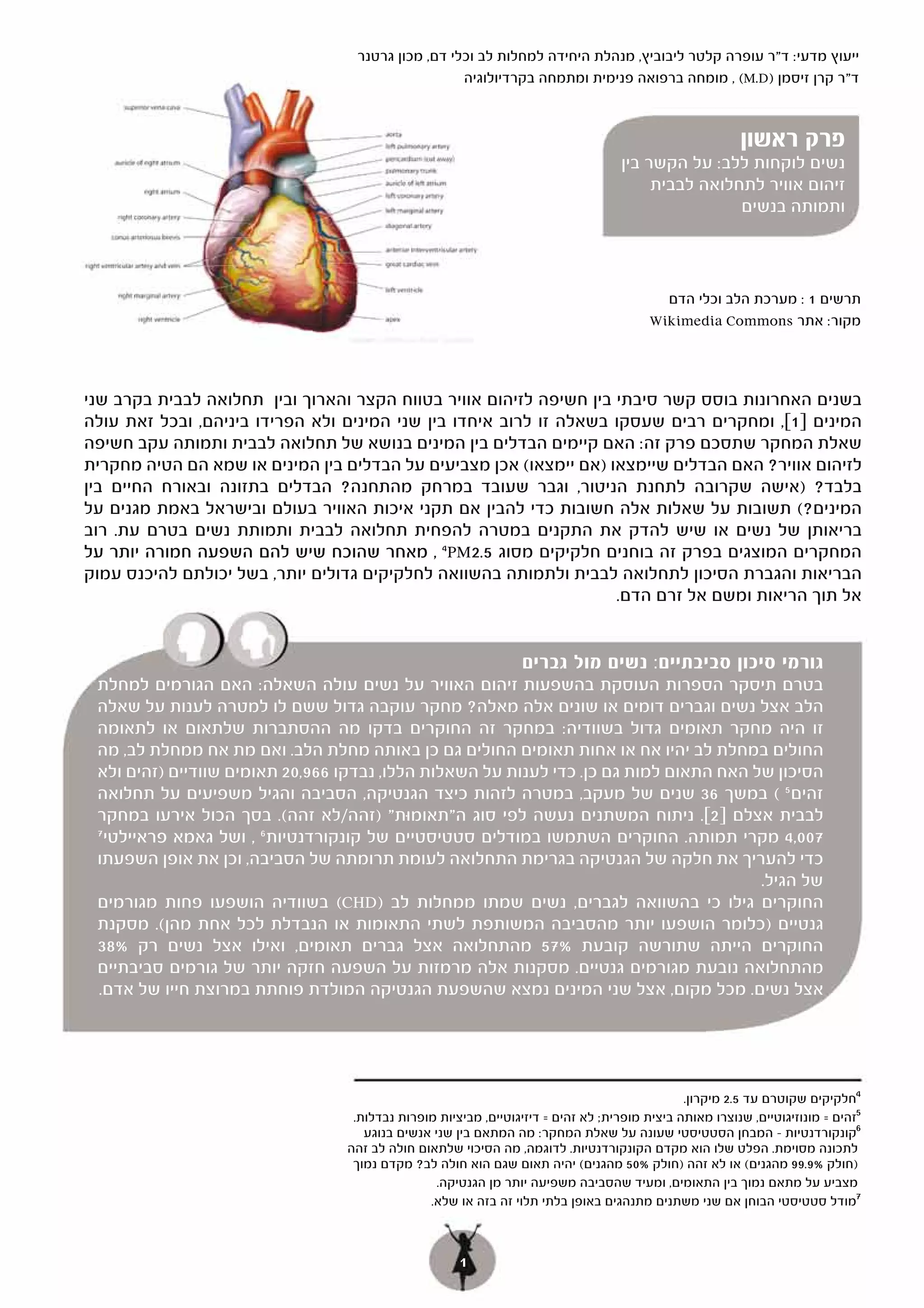 ‫ייעוץ מדעי: ד"ר עופרה קלטר ליבוביץ, מנהלת היחידה למחלות לב וכלי דם, מכון גרטנר‬
                                                    ‫ד"ר קרן זיסמן )‪ , (M.D‬מומחה ברפואה פנימית ומתמחה בקרדיולוגיה‬



                                                                                                         ‫פרק ראשון‬
                                                                                   ‫נשים לוקחות ללב: על הקשר בין‬
                                                                                        ‫זיהום אוויר לתחלואה לבבית‬
                                                                                                   ‫ותמותה בנשים‬



                                                                                          ‫תרשים 1 : מערכת הלב וכלי הדם‬
                                                                                        ‫מקור: אתר ‪Wikimedia Commons‬‬




‫בשנים האחרונות בוסס קשר סיבתי בין חשיפה לזיהום אוויר בטווח הקצר והארוך ובין תחלואה לבבית בקרב שני‬
‫המינים ]1[, ומחקרים רבים שעסקו בשאלה זו לרוב איחדו בין שני המינים ולא הפרידו ביניהם, ובכל זאת עולה‬
‫שאלת המחקר שתסכם פרק זה: האם קיימים הבדלים בין המינים בנושא של תחלואה לבבית ותמותה עקב חשיפה‬
‫לזיהום אוויר? האם הבדלים שיימצאו )אם יימצאו( אכן מצביעים על הבדלים בין המינים או שמא הם הטיה מחקרית‬
‫בלבד? )אישה שקרובה לתחנת הניטור, וגבר שעובד במרחק מהתחנה? הבדלים בתזונה ובאורח החיים בין‬
‫המינים?( תשובות על שאלות אלה חשובות כדי להבין אם תקני איכות האוויר בעולם ובישראל באמת מגנים על‬
‫בריאותן של נשים או שיש להדק את התקנים במטרה להפחית תחלואה לבבית ותמותת נשים בטרם עת. רוב‬
‫המחקרים המוצגים בפרק זה בוחנים חלקיקים מסוג 5.2‪ , 4PM‬מאחר שהוכח שיש להם השפעה חמורה יותר על‬
‫הבריאות והגברת הסיכון לתחלואה לבבית ולתמותה בהשוואה לחלקיקים גדולים יותר, בשל יכולתם להיכנס עמוק‬
                                                                    ‫אל תוך הריאות ומשם אל זרם הדם.‬


                                                                 ‫גורמי סיכון סביבתיים: נשים מול גברים‬
 ‫בטרם תיסקר הספרות העוסקת בהשפעות זיהום האוויר על נשים עולה השאלה: האם הגורמים למחלת‬
 ‫הלב אצל נשים וגברים דומים או שונים אלה מאלה? מחקר עוקבה גדול ששם לו למטרה לענות על שאלה‬
 ‫זו היה מחקר תאומים גדול בשוודיה: במחקר זה החוקרים בדקו מה ההסתברות שלתאום או לתאומה‬
 ‫החולים במחלת לב יהיו אח או אחות תאומים החולים גם כן באותה מחלת הלב. ואם מת אח ממחלת לב, מה‬
 ‫הסיכון של האח התאום למות גם כן. כדי לענות על השאלות הללו, נבדקו 669,02 תאומים שוודיים )זהים ולא‬
 ‫זהים 5 ( במשך 63 שנים של מעקב, במטרה לזהות כיצד הגנטיקה, הסביבה והגיל משפיעים על תחלואה‬
 ‫לבבית אצלם ]2[. ניתוח המשתנים נעשה לפי סוג ה"תאומוּת" )זהה/לא זהה(. בסך הכול אירעו במחקר‬
 ‫7‬
   ‫700,4 מקרי תמותה. החוקרים השתמשו במודלים סטטיסטיים של קונקורדנטיות 6 , ושל גאמא פראיילטי‬
 ‫כדי להעריך את חלקה של הגנטיקה בגרימת התחלואה לעומת תרומתה של הסביבה, וכן את אופן השפעתו‬
                                                                                        ‫של הגיל.‬
 ‫החוקרים גילו כי בהשוואה לגברים, נשים שמתו ממחלות לב )‪ (CHD‬בשוודיה הושפעו פחות מגורמים‬
 ‫גנטיים )כלומר הושפעו יותר מהסביבה המשותפת לשתי התאומות או הנבדלת לכל אחת מהן(. מסקנת‬
 ‫החוקרים הייתה שתורשה קובעת %75 מהתחלואה אצל גברים תאומים, ואילו אצל נשים רק %83‬
 ‫מהתחלואה נובעת מגורמים גנטיים. מסקנות אלה מרמזות על השפעה חזקה יותר של גורמים סביבתיים‬
 ‫אצל נשים. מכל מקום, אצל שני המינים נמצא שהשפעת הגנטיקה המולדת פוחתת במרוצת חייו של אדם.‬




                                                                                              ‫4חלקיקים שקוטרם עד 5.2 מיקרון.‬
                                  ‫5זהים = מונוזיגוטיים, שנוצרו מאותה ביצית מופרית; לא זהים = דיזיגוטיים, מביציות מופרות נבדלות.‬
                                    ‫6קונקורדנטיות – המבחן הסטטיסטי שעונה על שאלת המחקר: מה המתאם בין שני אנשים בנוגע‬
                                 ‫לתכונה מסוימת. הפלט שלו הוא מקדם הקונקורדנטיות. לדוגמה, מה הסיכוי שלתאום חולה לב זהה‬
                                  ‫)חולק %9.99 מהגנים( או לא זהה )חולק %05 מהגנים( יהיה תאום שגם הוא חולה לב? מקדם נמוך‬
                                                 ‫מצביע על מתאם נמוך בין התאומים, ומעיד שהסביבה משפיעה יותר מן הגנטיקה.‬
                                               ‫7מודל סטטיסטי הבוחן אם שני משתנים מתנהגים באופן בלתי תלוי זה בזה או שלא.‬



                                                     ‫1‬
 