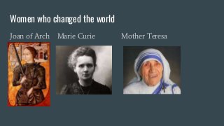 Women who changed the world
Joan of Arch Marie Curie Mother Teresa
 