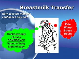 How does the mother’s confidence play part Breastmilk Transfer Thinks lovingly of baby CONFIDENCE  Sound of baby Sight of baby Pain Worry Stress Doubt 