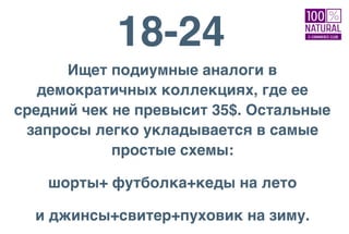 18-24
Ищет подиумные аналоги в
демократичных коллекциях, где ее
средний чек не превысит 35$. Остальные
запросы легко укладывается в самые
простые схемы:
шорты+ футболка+кеды на лето
и джинсы+свитер+пуховик на зиму.
 