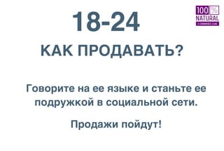 18-24
КАК ПРОДАВАТЬ?
Говорите на ее языке и станьте ее
подружкой в социальной сети.
Продажи пойдут!
 