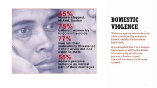 Violence against women is most
often committed by someone
known, usually a husband or
boyfriend,
It is estimated that 1 in 3 women
have been or will be the victim
of violence by an intimate
partner – beaten, raped,
coerced into sex, or otherwise
abused.
 