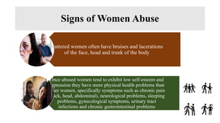 Signs of Women Abuse
Battered women often have bruises and lacerations
of the face, head and trunk of the body
Once abused women tend to exhibit low self-esteem and
depression they have more physical health problems than
other women, specifically symptoms such as chronic pain
(back, head, abdominal), neurological problems, sleeping
problems, gynecological symptoms, urinary tract
infections and chronic gastrointestinal problems
 