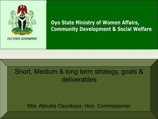Short, Medium & long term strategy, goals &
              deliverables


    Mrs. Atinuke Osunkoya, Hon. Commissioner
 