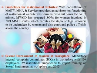  Guidelines for matrimonial websites: With consultation of
MeITY, MHA & Service providers an advisory on functioning
of matrimonial website was formulated to cut down the no. of
crimes. MWCD has prepared SOPs for women involved in
NRI MM disputes which narrates the stepwise legal recourse
to be undertaken by women and also court and police officials
across the country.
 Sexual Harassment of women at workplace: Mandatory
internal complain committees (ICCs) in workplace with 10+
employees. 29 institutions empanelled to impart training on
Sexual harassment at workplace act, 2013.
 