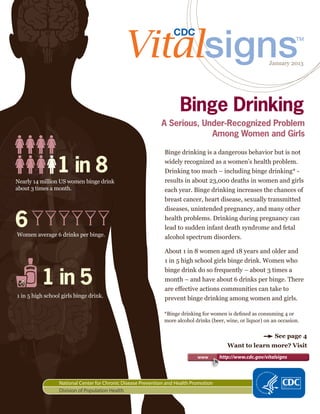 January 2013




                                                                      Binge Drinking
                                                              A Serious, Under-Recognized Problem
                                                                           Among Women and Girls

                                                                Binge drinking is a dangerous behavior but is not

                 1 in 8                                         widely recognized as a women’s health problem.
                                                                Drinking too much – including binge drinking* -
                                                                results in about 23,000 deaths in women and girls
Nearly 14 million US women binge drink
about 3 times a month.                                          each year. Binge drinking increases the chances of
                                                                breast cancer, heart disease, sexually transmitted
                                                                diseases, unintended pregnancy, and many other

6
Women average 6 drinks per binge.
                                                                health problems. Drinking during pregnancy can
                                                                lead to sudden infant death syndrome and fetal
                                                                alcohol spectrum disorders.

                                                                About 1 in 8 women aged 18 years and older and
                                                                1 in 5 high school girls binge drink. Women who


          1 in 5
                                                                binge drink do so frequently – about 3 times a
                                                                month – and have about 6 drinks per binge. There
                                                                are effective actions communities can take to
1 in 5 high school girls binge drink.                           prevent binge drinking among women and girls.

                                                               *Binge drinking for women is defined as consuming 4 or
                                                               more alcohol drinks (beer, wine, or liquor) on an occasion.


                                                                                                               See page 4
                                                                                           Want to learn more? Visit
                                                                          	   www       http://www.cdc.gov/vitalsigns



                  National Center for Chronic Disease Prevention and Health Promotion
                  Division of Population Health
 