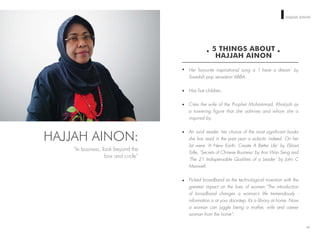 WOMEN ON TOP HAJJAH AINON
5 THINGS ABOUT
HAJJAH AINON
Her favourite inspirational song is ‘I have a dream’ by
Swedish pop sensation ABBA.
Has ﬁve children.
Cites the wife of the Prophet Mohammad, Khatijah as
a towering figure that she admires and whom she is
inspired by.
An avid reader, her choice of the most signiﬁcant books
she has read in the past year is eclectic indeed. On her
list were ‘A New Earth: Create A Better Life’ by Ekhart
Tolle, ‘Secrets of Chinese Business’ by Ann Wan Seng and
‘The 21 Indispensable Qualities of a Leader’ by John C
Maxwell.
Picked broadband as the technological invention with the
greatest impact on the lives of women:“The introduction
of broadband changes a woman’s life tremendously -
information is at your doorstep. It’s a library at home. Now
a woman can juggle being a mother, wife and career
woman from the home”.
62
HAJJAH AINON:
“In business, look beyond the
box and circle”
 