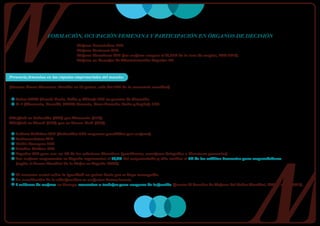 FORMACIÓN, OCUPACIÓN FEMENINA Y PARTICIPACIÓN EN ÓRGANOS DE DECISIÓN
                                  Mujeres licenciadas: 60%.
                                  Mujeres doctoras: 54%.
                                  Mujeres directivas: 22% (las mujeres ocupan el 53,20% de la tasa de empleo, INE 2010).
                                  Mujeres en Consejos de Administración España: 7%.



Presencia femenina en las cúpulas empresariales del mundo:

(Fuente: Grant Thornton. Estudio en 39 países, más del 80% de la economía mundial)


   Países BRIC (Brasil, Rusia, India y China): 27% en puestos de dirección.
   G-7 (Alemania, Canadá, EEUU, Francia, Gran Bretaña, Italia y Japón): 16%.


Más fácil en Tailandia (45%) que Alemania (11%).
Más fácil en Moscú (36%) que en Nueva York (15%).

   Sudeste Asiático: 35% (Tailandia: 30% empresas presididas por mujeres).
   Latinoamérica: 23%.
   Unión Europea: 20%.
   Estados Unidos: 15%.
   España: 22% pero con un 7% de los máximos directivos (presidentes, consejeros delegados o directores generales).
   Las mujeres empresarias en España representan el 32,5% del empresariado y sólo reciben el 8% de los créditos bancarios para emprendedores
   (según el Banco Mundial de la Mujer en España WWB).

   El consenso social sobre la igualdad no quiere decir que se haya conseguido.
   La conciliación de la vida familiar es un factor determinante.
   6 millones de mujeres en Europa renuncian a trabajar para ocuparse de la familia (fuente: II Cumbre de Mujeres del Poder Mundial, Cádiz, enero 2010).
 