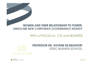 WOMEN AND THEIR RELATIONSHIP TO POWER:
TABOO OR NEW CORPORATE GOVERNANCE MODEL?
PROFESSOR DR. VIVIANE DE BEAUFORT
ESSEC BUSINESS SCHOOL
With a FOCUS on CG and BOARDS
24.08.14
 