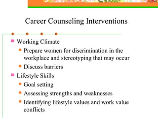 Career Counseling Interventions
 Working Climate
 Prepare women for discrimination in the
workplace and stereotyping that may occur
 Discuss barriers
 Lifestyle Skills
 Goal setting
 Assessing strengths and weaknesses
 Identifying lifestyle values and work value
conflicts
 
